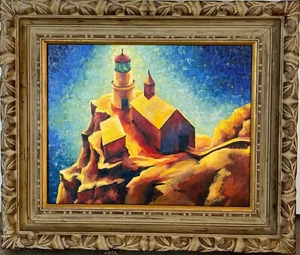 Walter Houk; Magical Realist Oil/Canvas of Lighthouse, c 1950. Exhibited - Picture 1 of 6