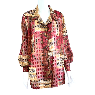 Vintage Blouse Button Up Red & Gold Long Sleeves 1990's Plus Size M-L Australia — 第 1/4 张图片