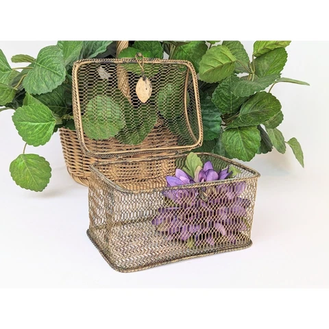 Vintage Handmade Wire Mesh Basket with Hinged Lid Distressed Incense Box Boho Cover