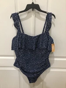 Kona Sol Gr. 18 Rüschen Full Coverage Einteiler Badeanzug Blau Gepunktet Neu - Bild 1 von 12
