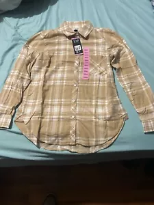 GAP Women’s Small Flannel Shirt Beige Tan Plaid Button Front RELAXED FIT - Picture 1 of 5