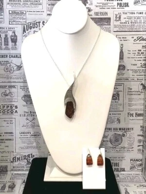 Baltic Amber Modernistic Sterling Silver Necklace Earrings Silver Tone Chain Ja3 - Image 1 of 4