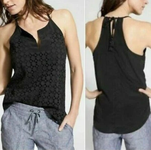 Athleta Dunes Eyelet Black Tank Halter Top Tassel Tie Womens Size Medium - Picture 1 of 10