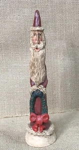 Father Christmas Santa Claus w Wreath Resin Figurine Folk Art Rustic Farmhouse - Picture 1 of 8