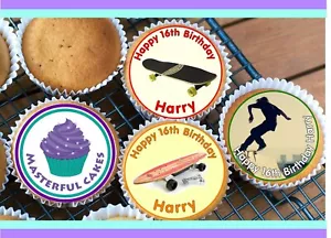 24 PERSONALISED SKATEBOARD DESIGN EDIBLE RICE PAPER CUP CAKE TOPPERS - Picture 1 of 1
