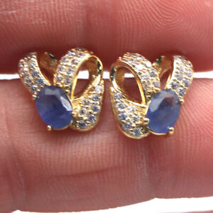 Boucles d'oreilles en pierre précieuse chauffée saphir bleu et zircone cubique argent sterling 925