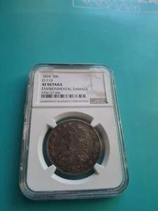 1824 50c Busted Cap Silver Half Dollar Coin XF Details Environmental Damage NGC - Picture 1 of 4