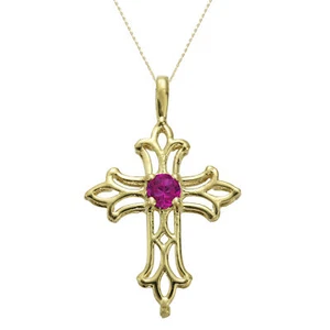 10K Yellow Gold Round Created Ruby Cross Pendant Necklace - 3mm - Picture 1 of 8