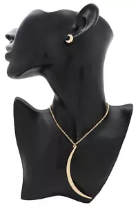 Mujeres Cadena de Metal Dorado Largo Moda Collar Joyería Colgante Luna Larga + Pendiente - Imagen 1 de 10