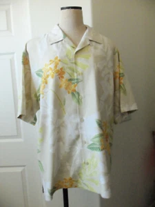 Tommy Bahama Tan Gold Green Plumeria Leaf Print Silk Short Sleeve Camp Shirt - L - Picture 1 of 11