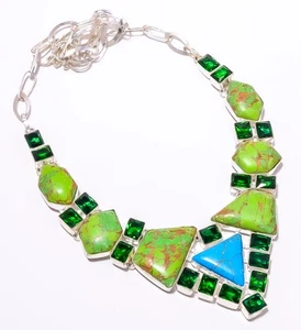 Copper Turquoise, Chrome Diopside Silver Plated Necklace 16-18" M14 - Picture 1 of 5