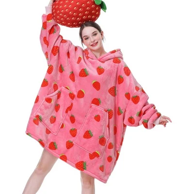 Soft Oversized Blanket Hoodie Sweatshirt – Fleece Wearable Strawberry Snugggie - Image 1 of 4