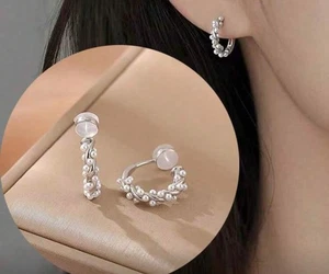 Pendientes de aro con clip de 3/4" ajuste cómodo plata y perlas retorcidos espalda abierta - Imagen 1 de 4