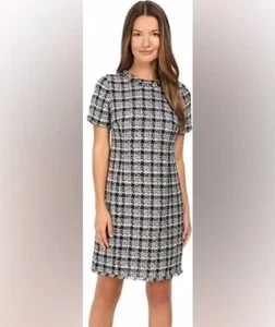 Kate Spade Dress - Plaid Tweed Mini Dress - Black & White w Fringe Sz 8 - Picture 1 of 9