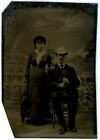 Circa 1890S Antique Tintype Of Husband And Wife Wearing Black Dress   Bowler Hat