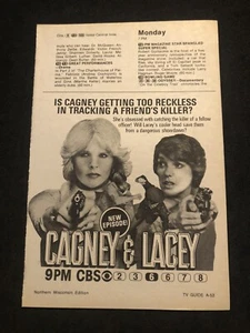 Programa de TV de la década de 1980 Cagney & Lacey TV Guide de colección auténtico anuncio impreso de revista 4A 0C25 - Imagen 1 de 2