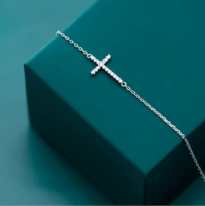 0.17Cttw Natural Diamond Sideways Religious Cross Chain Bracelet Sterling Silver - Picture 1 of 6