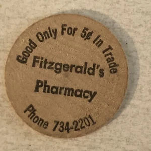 Fitzgerald’s Pharmacy Wooden Nickel Token Numismatics - Picture 1 of 2