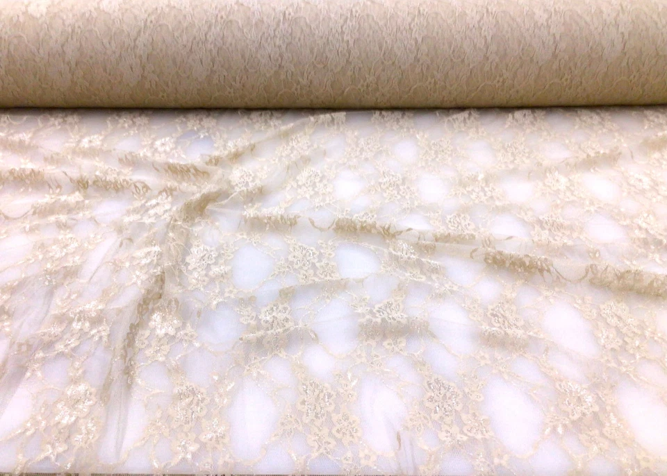 Stretch Lace Apparel Fabric Sheer Metallic Floral Lattice Tan WW31 - Image 1 of 1