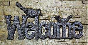 Cast Iron Antique RUSTIC Style BIRDS WELCOME Plaque Sign GARDEN Ranch Wall Decor