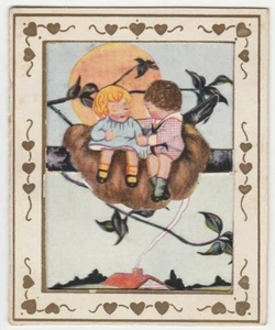 Vintage Valentine Card Girl and Boy in Bird Nest 1920's Die Cut Unusual - Picture 1 of 3