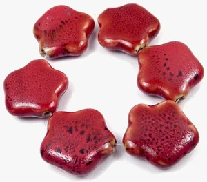 6 Red Porcelain Star Pendant Beads 32mm - Picture 1 of 2