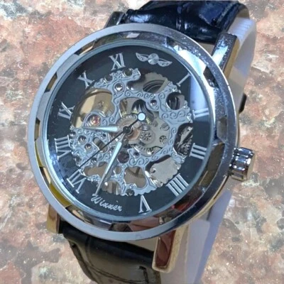 Winner Men Silver Skeleton Dial Leather Band Roman Hand-Winding Mechanical Watch - Image 1 of 4