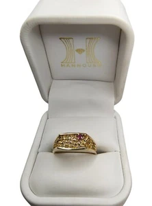 Vintage Hannoush 14 K Gold Ruby Stone Statement Mans Style Filagree Signet S. 10 - Picture 1 of 12