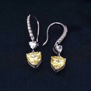 Heart Cut Lab Created Yellow Diamond 14K White Gold Plated Drop Earrings - Picture 1 of 4