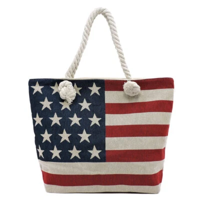 Bolso de Playa Bandera Americana Estrellas y Rayas Mujer Asas de Cuerda Rojo Blanco Azul Foto 1 de 4