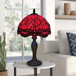 10 inch Tiffany style Red Dragonfly Table Lamp Antique Stained Glass Dome Shade - Picture 1 of 15
