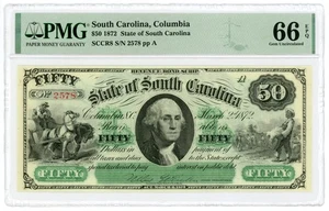 1872 Cr.8 $50 The State of SOUTH CAROLINA Note - PMG Gem 66 EPQ - Picture 1 of 2