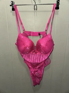Black Fuchsia Womens Lrg Pink Lace Trim Adjustable Straps Babydoll Lingerie 1pc - Picture 1 of 7