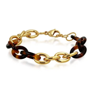 Fashion Brown Golden Acrylic Leopard Tortoise Shell Chain Link Bracelet - Image 1 of 4