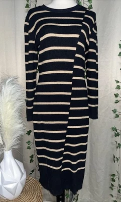 LANE BRYANT ЧЕРНЫЙ И БЕЖЕВЫЙ ДЛИННЫМ РУКАВОМ В ПОЛОСКУ СВИТЕР ПЛАТЬЕ SZ 14/16 - Изображение 1 из 4