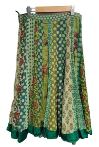 Sabyasachi Pleated Silk Cotton Skirt Knee Length Green Multi Print India Sz S - Picture 1 of 11