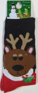 K Bell Christmas Reindeer Santa Black & Red Socks New Size 9 - 11 Gift Tag Holly - Picture 1 of 2