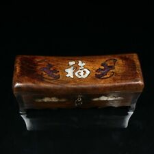  Old Chinese wood inlay jade Hand Painted fu word bat lucky Pillow box