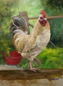 Gallo Pollo Dipinto Olio Originale 12x16 Fattoria Country Arte Salows - Foto 1 di 2