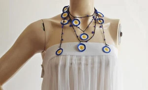 Evil Eye Halskette - blau, weiß, gelb Halskette - gehäkelte Perlen Amulett Halskette - Bild 1 von 10