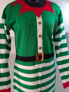  Women's MEDIUM Festive Holiday Elf Christmas Sweater Dress Bells Costume - Picture 1 of 4