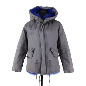 Mei FNG Grey Cotton Blue Alpaca Wool Fur Lined Hooded Utility Coat Small Jacket - Picture 1 of 7