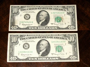 1963 A FEDERAL RESERVE NOTES TWO - $10 NOTES BILLS GREEN SEAL #86430J112724 - Picture 1 of 2
