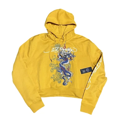 Sudadera con capucha Ed Hardy amarilla recortada dragón para mujer talla M Foto 1 de 3