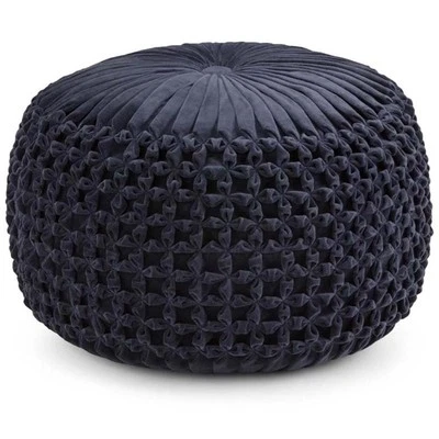 Trent Home Boho Round Pouf in Navy Velvet Fabric - Image 1 of 4