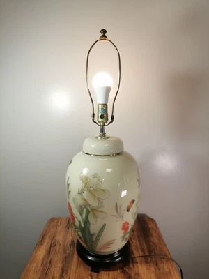 Vintage y Ginger Jar Butterfly and Iris Flower Table Lamp / Vintage Home Decor - Image 1 of 4