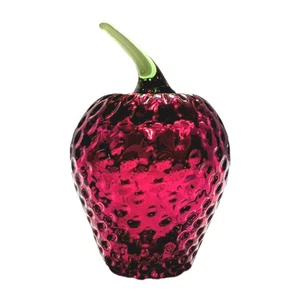 Vtg Viking Glass Strawberry Paperweight Dimpled Red Fruit Green Stem MCM A+ Cond - Picture 1 of 13