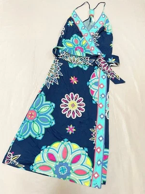 Dress Emilio Pucci Navy Multicolor Floral Print Camisole Wrap Style Size 36 M - Image 1 of 4