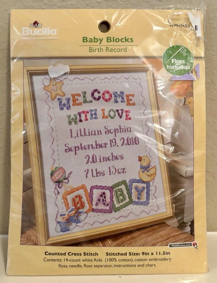 Bucilla BABY BLOCKS BIRTH RECORD Counted Cross Stitch Kit #WM45403
