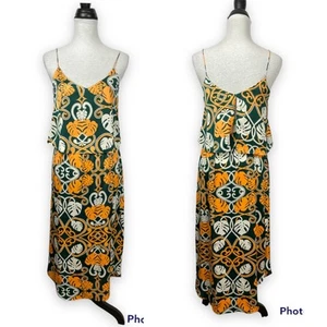 H&M 4 NWT Women's Green & Neon Orange Tropical Floral Print Blouson Midi Dress - Picture 1 of 7